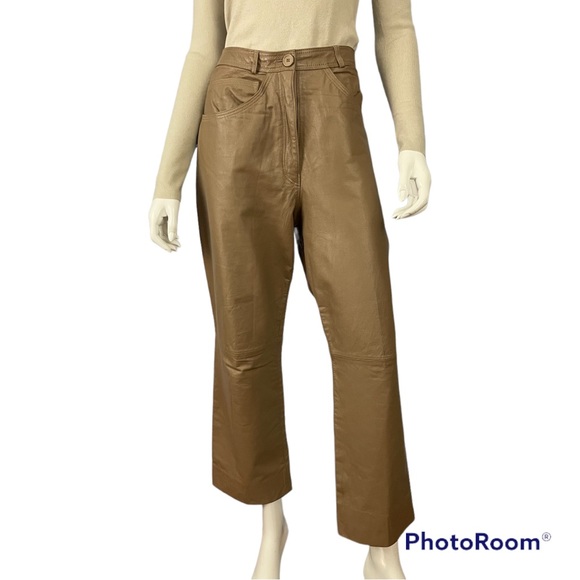GENUINE LEATHER Flared Cropped Beige Tan Taupe Vintage 90s Pants JORDACH… - Picture 4 of 7